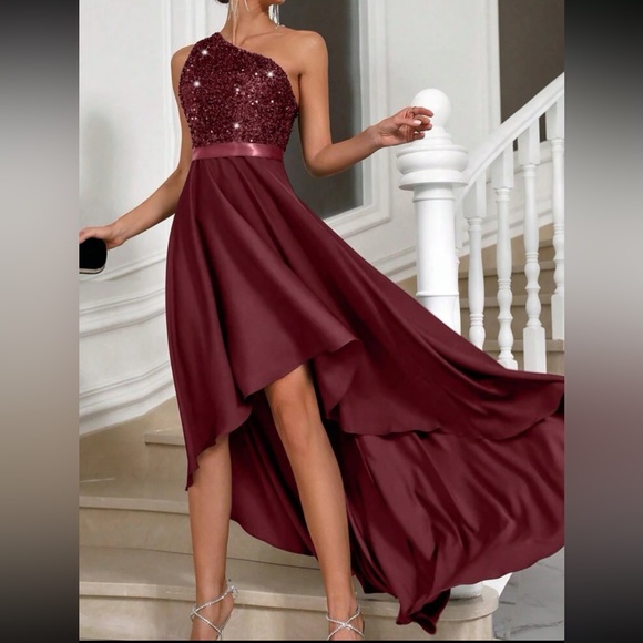 Luxe one shoulder asymmetrical hem satin sequins party dress - Picture 1 of 5